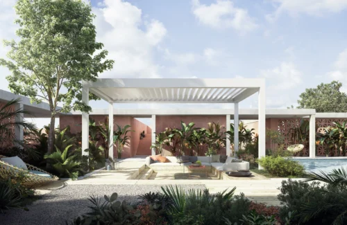 Moderne Gartenlandschaft mit Lounge-Bereich und Pergola