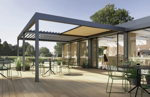 Moderne Terrasse mit Pergola und stilvollen Gartenmöbeln